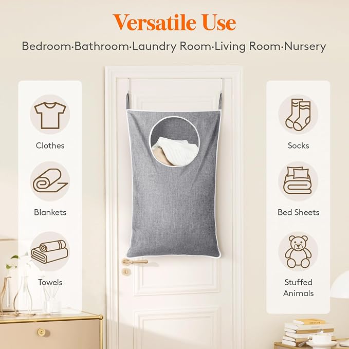 Lifewit 1 Pack Over Door Laundry Hamper, Collapsible Hanging, Light Gray - Image 5