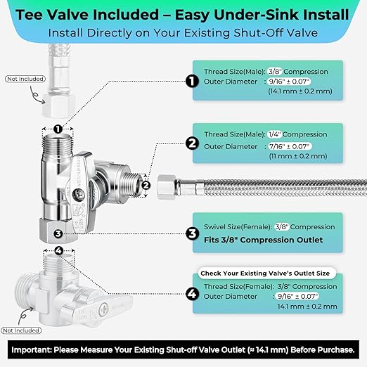 Refrigerator Ice Maker Water Line Kit - 15' Braided Stainless Steel Fridge Water Line with 1/4" Compression Fittings Pex Tubing Core and Water Splitter
