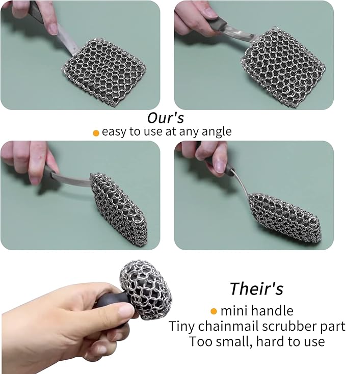 Cast Iron Scrubber Brush with Handle Cast Iron Cleaner Chainmail Scrubber + Pan Scraper, 316 Chain Maille to Clean Pan Pot Skillet Grill Griddle Metal Scrub Wok Scrub Carbon Dutch Oven Carbon Cleaning