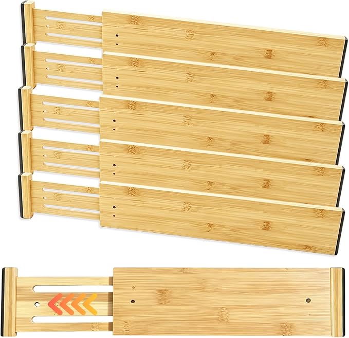 Joyeee Kitchen Drawer Dividers 6 Pack, 16.9-22.1" Adjustable Bamboo Drawer by Joyeee