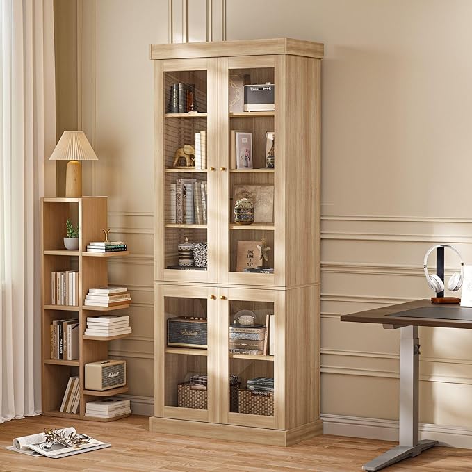 70.8" Bookshelf with Glass Doors, Farmhouse Modular Bookcase with 6-Tier Adjustable Shelves, Large Storage Cabinet for Living Room & Home Office, Set of 3, Brown