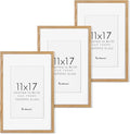 11x17 Picture Frame Set of 3, Solid Oak Wood Photo Frames 11"x17", 11 by 17 Poster Frames for Wall, 11 x 17 Frame with Mat for 8 x 12, Tempered Real Glass, 11x17 Inch Wood Frames (Oak Color, 3 Pack)