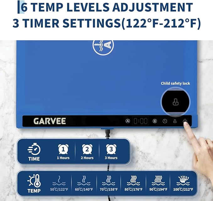 Garvee Electric Food Warming Mat for Countertop, 24x15 in, Dual Zone Control, Portable Silicone Food Warmer Pad Tray with Timer & 6 Temp Levels for Buffet Party, Easy to Clean, Blue