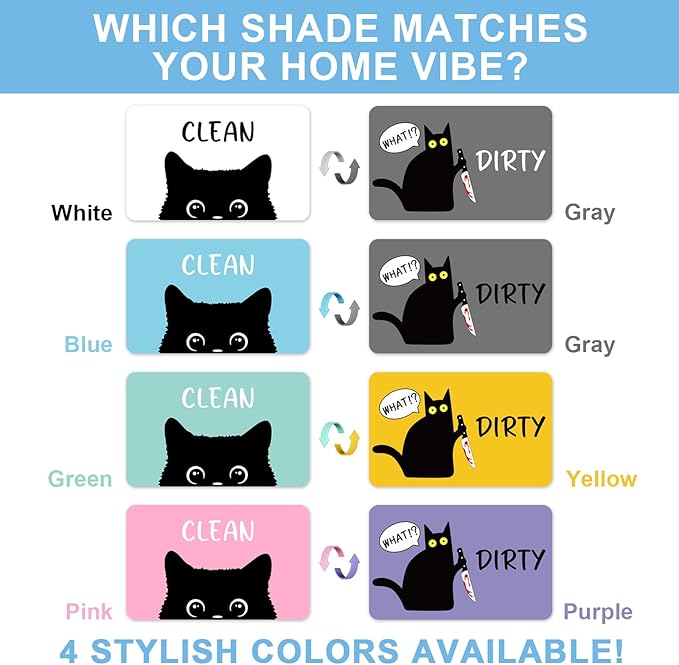 Funny Black Cat Cartoon Clean Dirty Dishwasher Magnet, Washing Machine Magnets Flip, Cute Cat Refrigerator Clean Dirty Sign, Double Sided Reversible Non Scratch Dish Washer Magnet Sign (White&Gray)