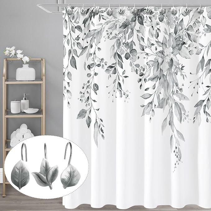 Grey Plant Leaf Shower Curtain Hooks, Eucalyptus Bathroom Decor, Metal Rustproof - Image 4
