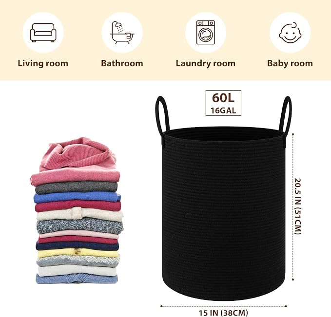 OIAHOMY 60L Nursery Hamper Laundry Basket Laundry Hamper Black - Image 2