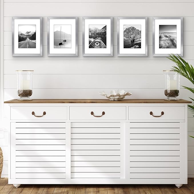 Americanflat 9x12 Picture Frame with Polished Plexiglass - Set of 5 - Use as 6x8 Frame with Mat or Display 9x12 Photo Without Mat - Galleria Collection - Picture Frames for Wall Display - Silver
