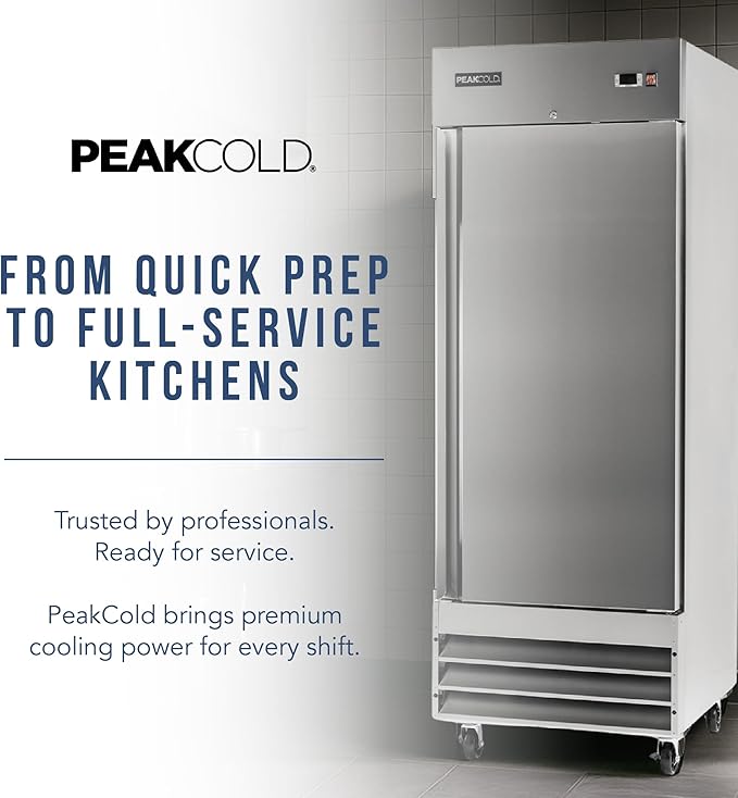 PEAKCOLD Single Door Commercial Refrigerator - 23 Cubic Ft, 29" Wide Stainless Steel Reach-In Commercial Refrigerator with White Internal Lighting - Freestanding Industrial Fridge