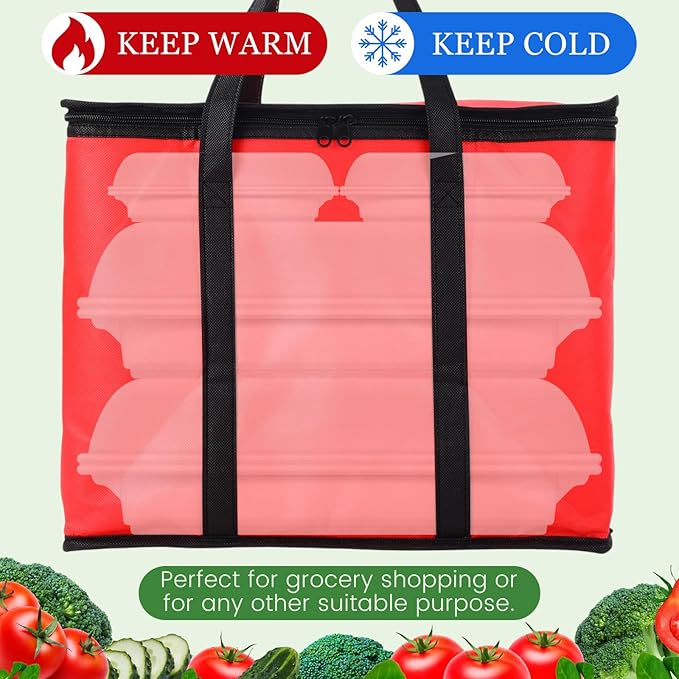 Kenning 15 Pcs Large Insulated Reusable Grocery Bags with Sturdy Zipper and Handles Foldable Washable Cooler Totes Heavy Duty Hot or Cold Food Delivery Bag for Food Transport Travel Lunch (Red Black)