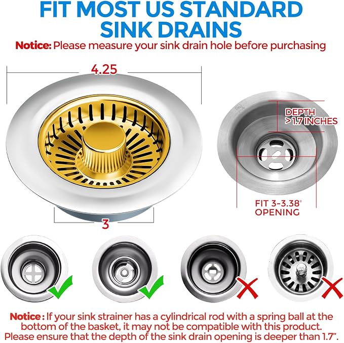 zaa 3 in 1 Kitchen Sink Drain Strainer Stopper Removable Basket Pop-Up - Image 4