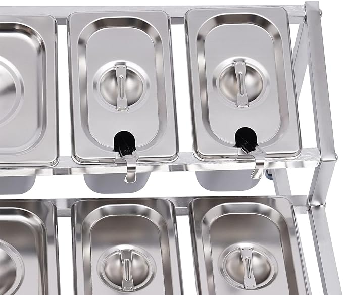Pizza Topping Station Organizer Condiment Container Dispenser with 8 Pans & Lids, Stainless Steel Ingredients Food Container Countertop Spice Rack Shelf Holder for Seasoning Sauce Salad Jam Fruits