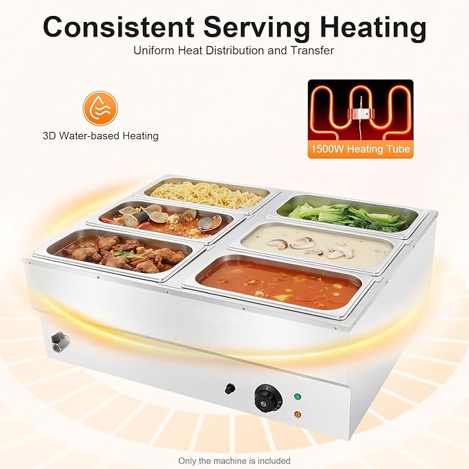 Commercial Food Warmer 6 Pan Buffet Bain Marie, 1500W Stainless Steel Electric Steam Table with Digital Temperature Control (86-230°F), 1.77Gal per Pan for Catering, Restaurants, Wedding Events