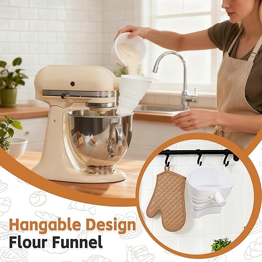Flour Funnel for Kitchen Aid Mixer - Stand Mixer Attachment Accessory Compatible with (KSM150) 4.5-5 Qt Tilt-Head Mixers,Easy Pour Anti-Splash Baking Tool,for Egg Liquid and Both Flour -White