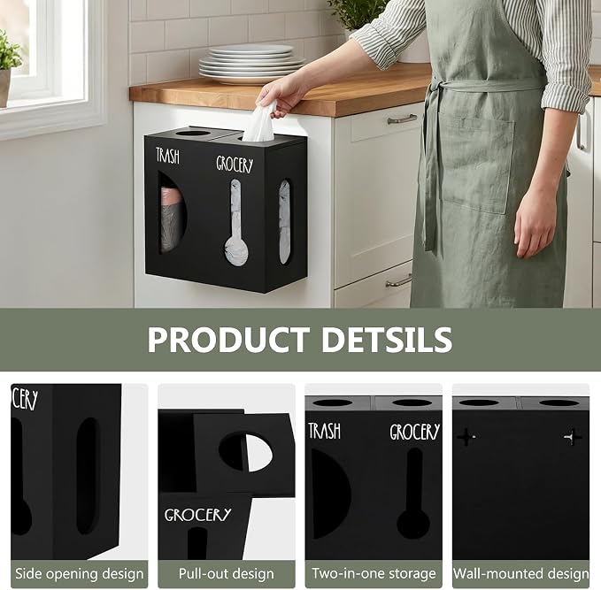 2 in 1 Trash Bag Dispenser, Double Wall Mounted, Wood Trash Bag Holder - Image 4