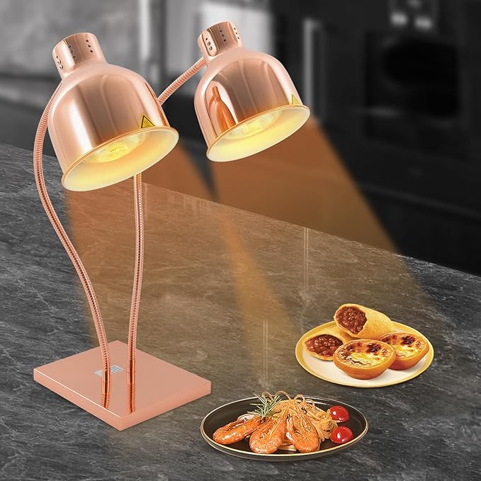 Food Heat Lamp Warmer Rose Gold, 500W Double Bulbs Buffet Display Heating Preservation Light, Electric Portable Infrared Heating Lamp with 360°Adjustable Head (Rose Gold)