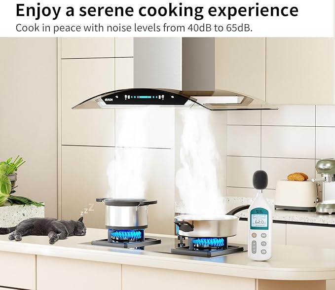 IKTCH 36 Inch Island Mount Range Hood, 900 CFM Ducted, Stainless Steel & Tempered Glass, Gesture Sensing & Touch Control, 4-Speed Fan