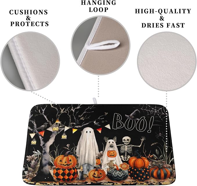 Halloween Dish Drying Mat for Kitchen Counter 16x18 Inch Black Ghost Pumpkins - Image 3