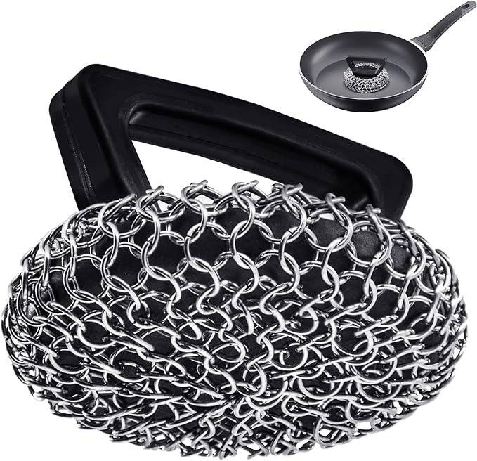 Amagabeli Cast Iron Cleaner with Handle Stainless Steel Chainmail Pan Scrubber for Cast Iron Skillet Cleaner Chain Mail Scrubber Brush Pan Pot Wok Griddles BBQ Grills