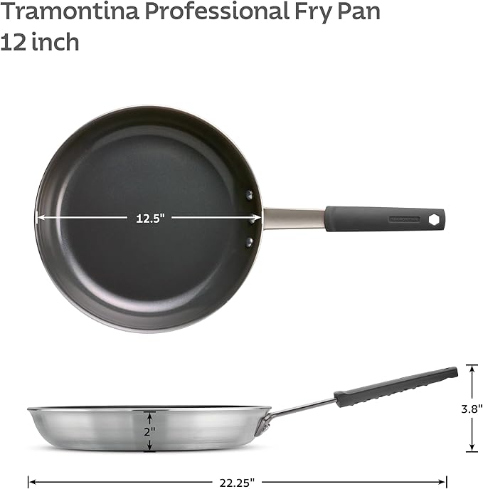 Tramontina Professional 12-Inch Non Stick Large Frying Pan, Heavy-Gauge Aluminum Skillet with Reinforced Nonstick Coating, Gray Handle, Dishwasher and Oven Safe