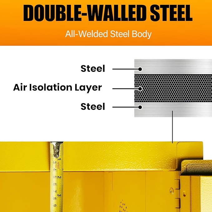 Flammable Safety Cabinet 34" x 34" x 65" Yellow, Cold-Rolled Steel OSHA Compliant Explosion Proof Cabinet, 2 Adjustable Shelves & Vent Design for Commercial Warehouses, Lab & Industrial Facilities
