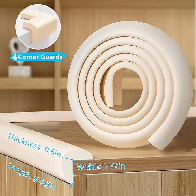 Baby Proofing Edge & Corner Protectors, 1 Roll White Foam L-Shape Self-Adhesive Bumper Strip + 4Corner Guards, Wall & Furniture Safety Bumpers for Nursery, Kitchen, Fireplace, Table, Desk