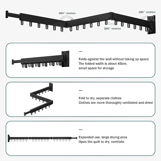 BOQORAD Clothes Drying Rack, Wall Mounted Space-Saver, Retractable, Collapsible - Image 3