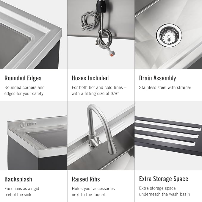 TRINITY THAPBK-0323 Stainless Steel Freestanding Single Bowl Utility Sink for Garage, Laundry Room, and Commercial Use, Includes Pull-Out Faucet, NSF, UPC and cUPC Certified, 36" x 20" x 49.2", Black