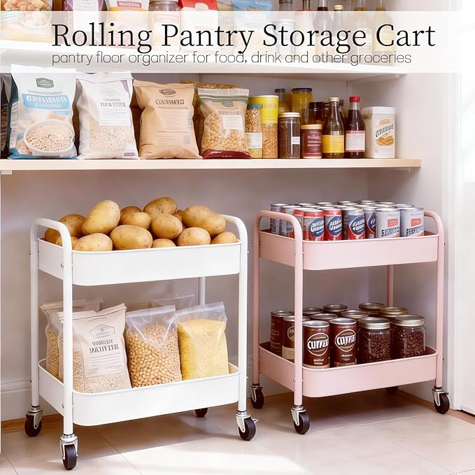 Pink 2 Tier Rolling Cart Metal with Wheels Under Desk Storage Cart for Small Space Organization, Small Trolley for Pantry Room Laundry Bathroom Kitchen Office Art Snack Baby Supplies