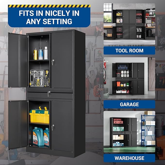 71" Metal Cabinet-Black Heavy Duty Storage File Cabinet Steel Tool Cabinets with Shelves, Lockable Doors and Drawers- for Garage, Pantry, Warehouse - Assembly Required