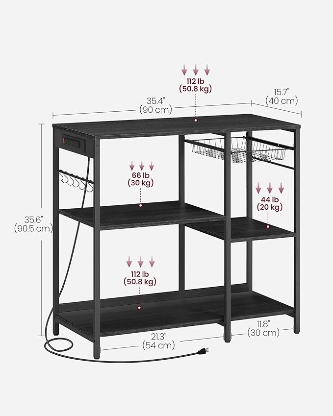 VASAGLE Baker's Rack, Coffee Bar Stand with Charging Station, 35.6 Inches Tall, Storage Shelves, Pull-Out Wire Basket, Table for Microwave, Kitchen, Charcoal Gray and Ink Black UKKS036B22