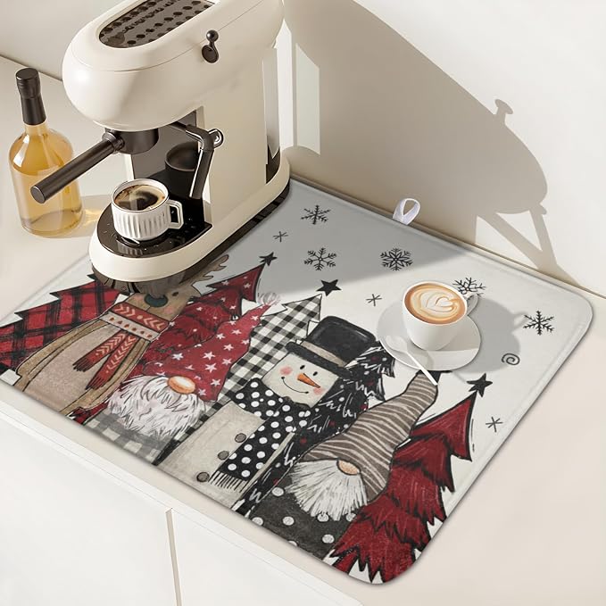 Giwawa Winter Snowman Gnome Dish Drying Mat Xmas Tree Dishes Pad 16"x18" - Image 7