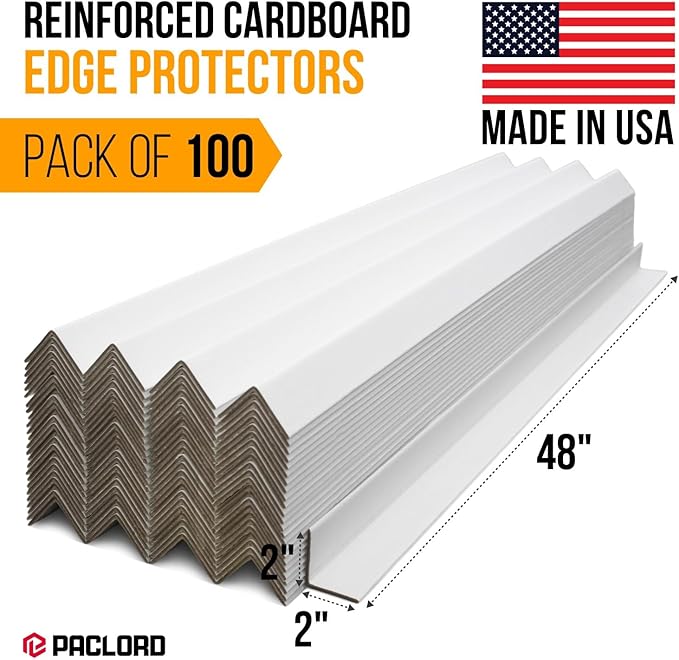 48" x 2" x 2" Reinforced Cardboard Edge Protectors, White (Pack of 100) – 0.16" Thick Heavy-Duty Cardboard Corner Protectors for Shipping – American Quality V-Board Pallet Edge Guard