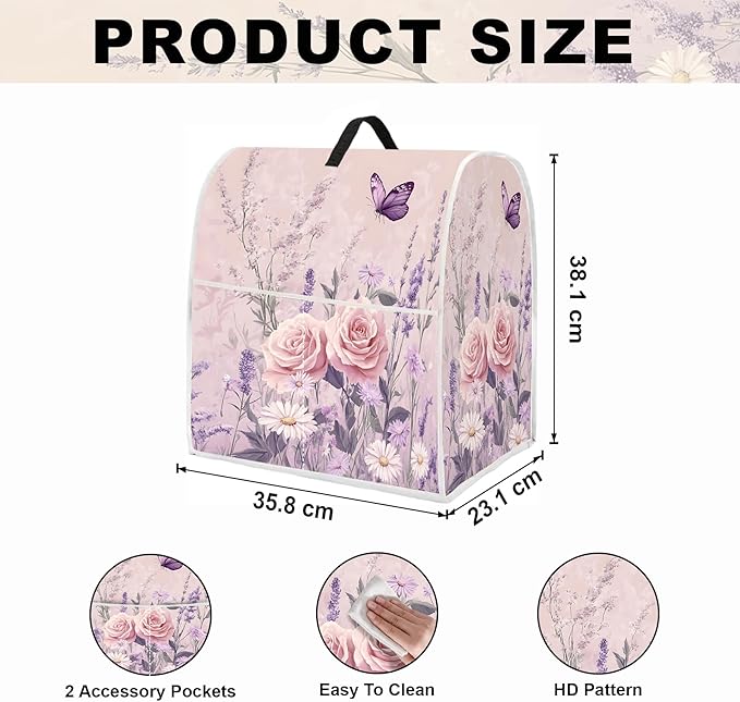Stand mixer cover with handle and storage bag, reusable and washable, stylish retro floral design, keeps kitchen countertops clean and tidy (fits 6-8 quart mixers).