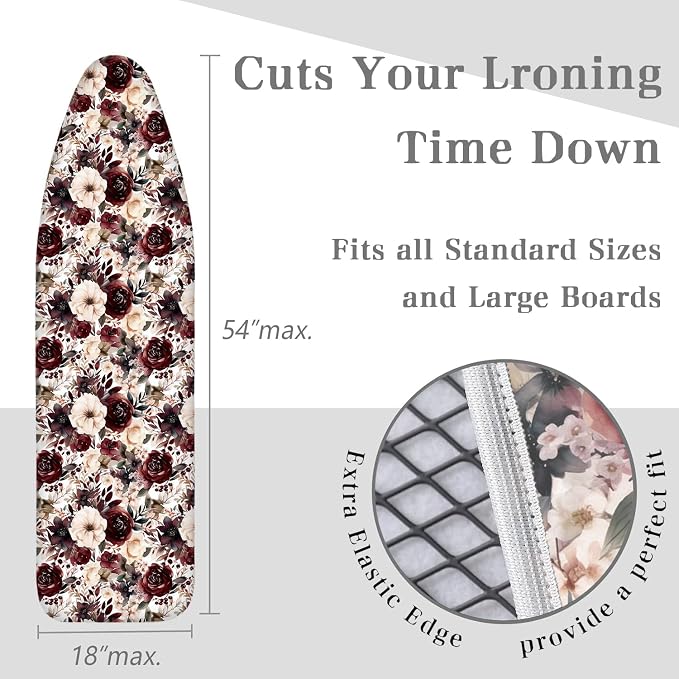 Vintage Dark Red Beige Peony Flowers 15"x54" Ironing Board Cover - Image 4