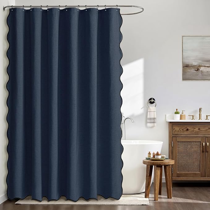 MIULEE Navy Scalloped Linen Shower Curtain 72x72 Inches - Image 3