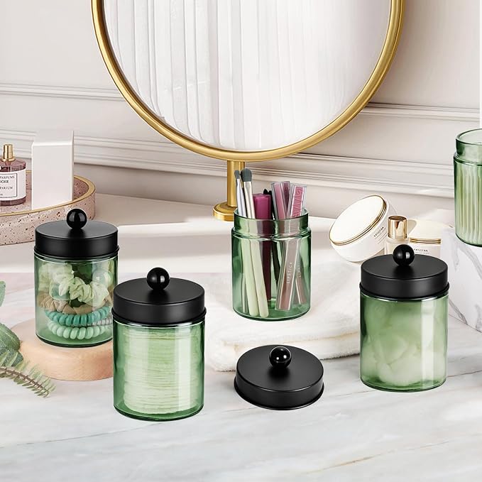 Amolliar Green Glass Apothecary Jar, Qtip Holder - Image 5