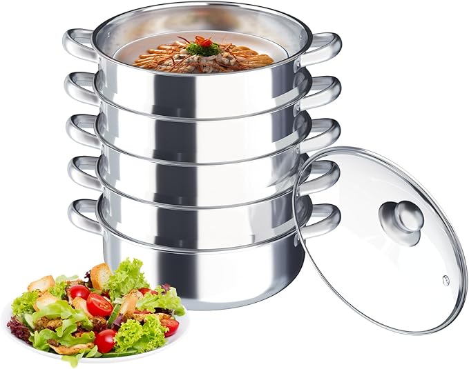 5 Tier Stainless Steel Steamer Cooker, 30cm Steam Pot Kitchen Food Cooking + Glass Lid Meat Vegetable Cooking Steam Pot Kitchen Cookware Food Steamer for Home Kitchen