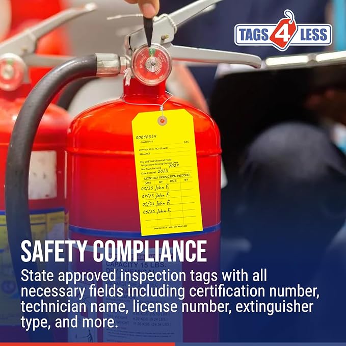 Tags 4 Less Custom Fire Extinguisher Tags – Preventative Maintenance Labels for Monthly Inspections, Alternative to Safety Sticker for Easy Record-Keeping – Pack of 100 (Yellow, Cardboard)