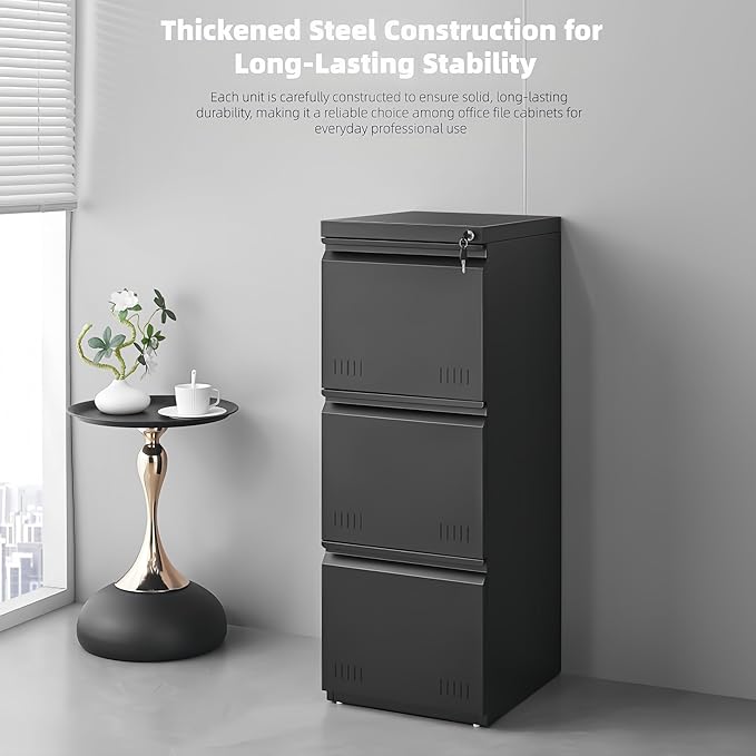 Vertical 4 Drawer File Cabient with Lock, Metal Filing Cabinets for Home Office, Heavty Duty Office Storage Cabinet for A4/Letter/Legal (Matte Black)
