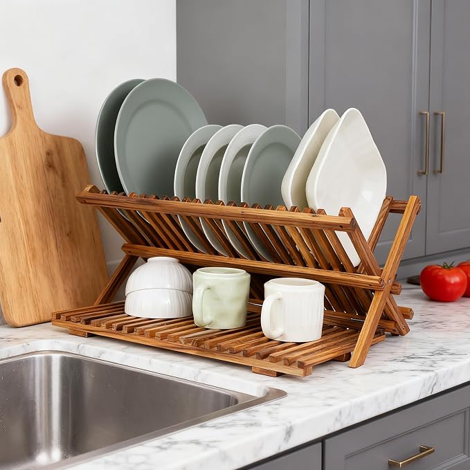 Utoplike Large Teak Dish Drying Rack, Wood Collapsible Organizer - Image 5