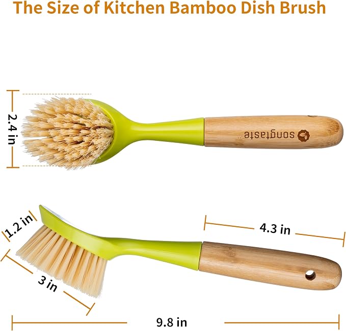 2 Pack Kitchen Dish Brush Bamboo Handle Dish Scrubber Built-in Scraper | Scrub - Image 6
