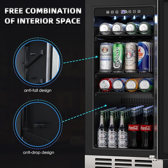 15 Inch Outdoor Beverage Fridge, Weather Proof Stainless Steel Beverage Cooler Under Counter Beer Fridge, Indoor/Outdoor Beverage Refrigerator for 80 Cans, Built-in/Freestanding