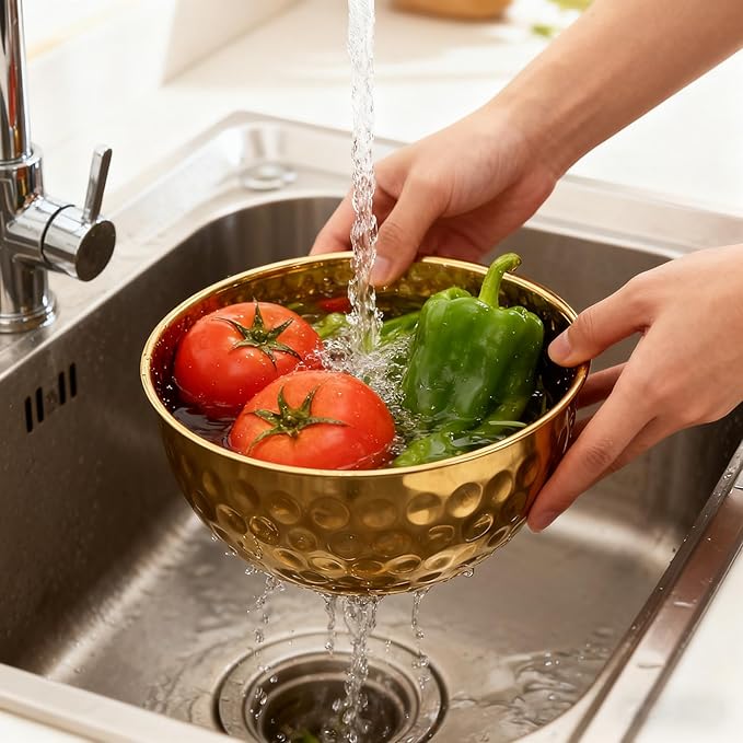 5-Piece Stainless Steel Mixing Bowls Set, Metal Hammered Gold Mixing Bowls for Kitchen, Cooking, Baking, Salad Prep, Food Storage, Reusable Nesting Design, 1.6-4.9 QT Capacity, Dishwasher Safe