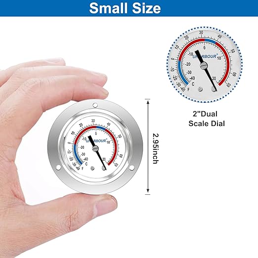 Cooler Thermometer Comercial Freezer Thermometer Capillary Design Refrigeration Gauge, Range -40 to 65 ℉ / -40 to 20℃, 2" Dial Stainless Steel Flanged Panel Mount