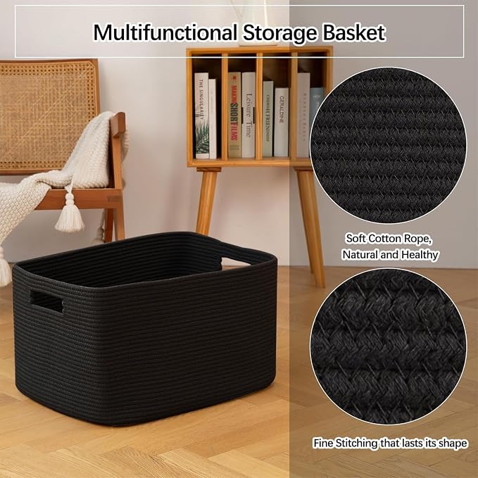 OIAHOMY 96L XXXLarge Blanket Basket Woven Cotton Rope Storage Basket Black - Image 4