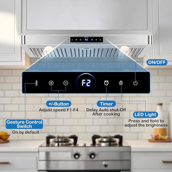 36 inch Under Cabinet Range Hood 1200 CFM with 4-Speed Gesture Sensing & Touch Control, Stainless Steel Kitchen Stove Vent Hoods with 2 LED Lights, Time Setting, Dishwasher-Safe Baffle Filters