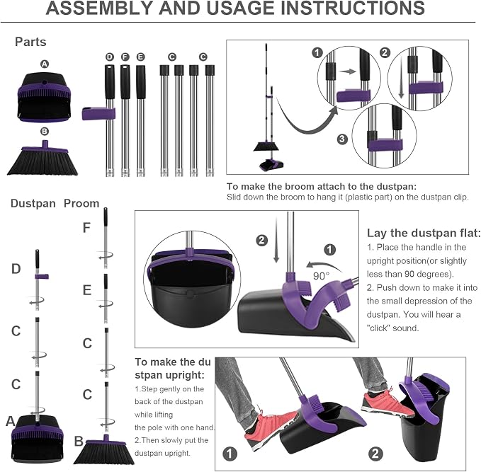 Purple Broom and Dustpan Combo Set, Extended Reach Design, Built-in Comb Dustpan - Image 6
