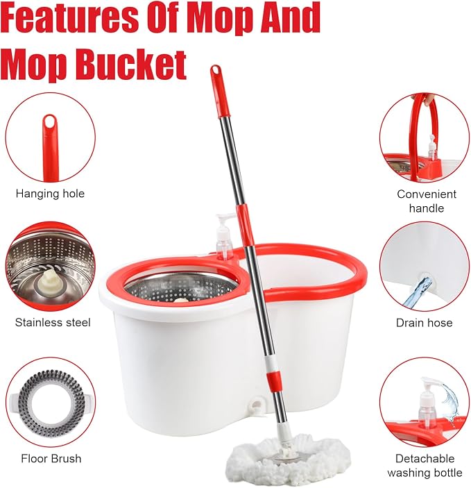 Spin Mop and Bucket with Wringer Set, 6 Microfiber Mop Heads - Image 5