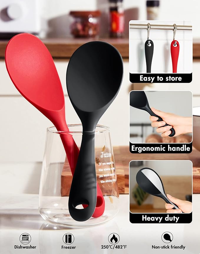 FireKylin 2 Pcs Silicone Rice Paddle,Non Stick Rice Spoon Scooper Spatula,Heat Resistant Rice Cooker Spoon(Black)