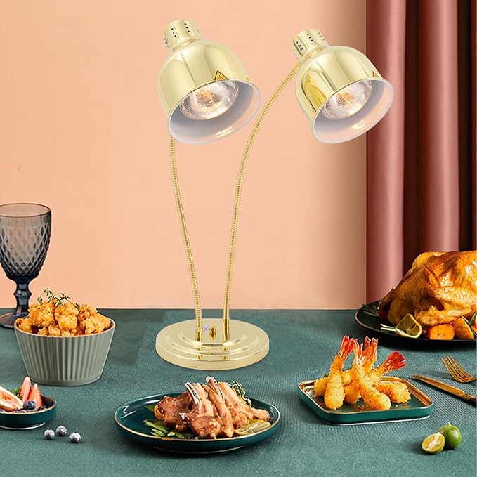 2-Head Food Heat Lamp Warmer Gold, 500W Double Bulbs Buffet Display Heating Preservation Light for Buffet, Electric Portable Heating Lamp with 360°Adjustable Head Independent Switch(Gold, Style2)